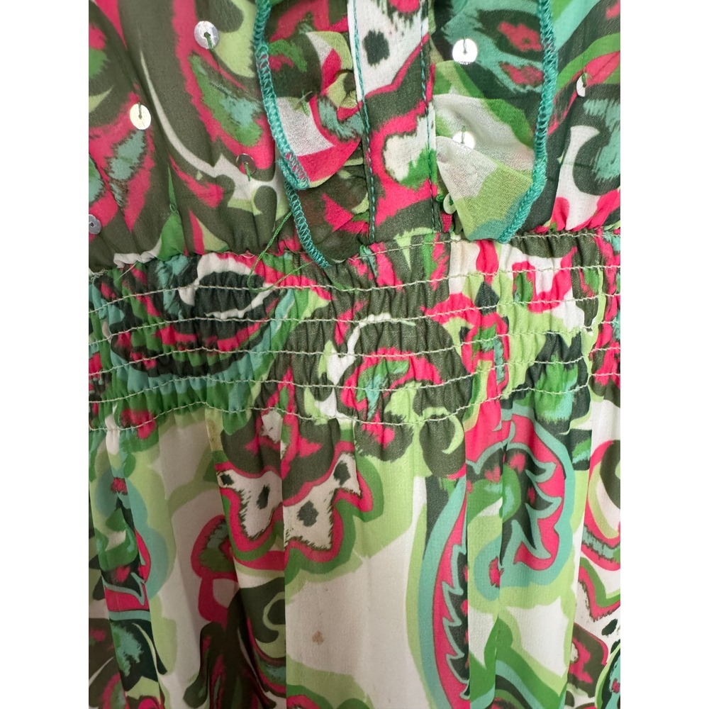 Boston Proper Palma de Scrolls Print Ruffle Maxi Dress Green Pink Sequin Size M - Picture 10 of 13